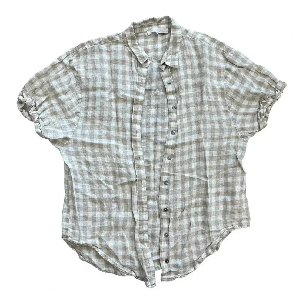 Olivaceous Beige Checked 100% Linen Summer Button Up Top S